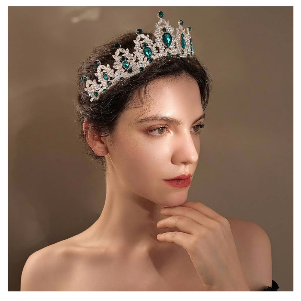 VTG New Victorian Royal Pageant Wedding Crown Tiara Emerald Green Floral Gold OS